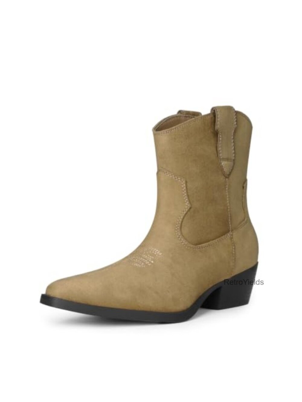 Women Ankle Boots Chunky Block Heel Western Pull On Faux Suede Booties